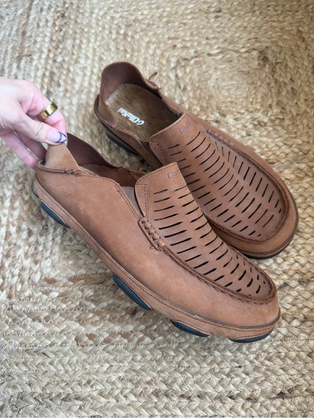OLUKAI Moloa Kohana II Slip On Leather Loafer Shoes Mens 12 Laser Cut